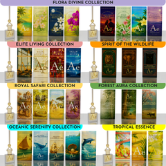 ARWA Essential full car hanging perfume range across Flora Divine, Elite Living, Spirit of the Wildlife, Royal Safari, Forest Aura, Oceanic Serenity and Tropical Essence collections