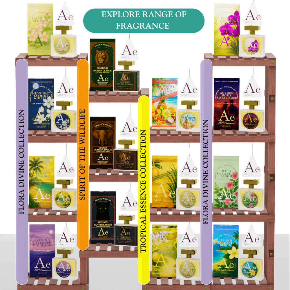 Explore range of ARWA Essential fragrances – display shelf featuring Flora Divine Collection, Spirit of the Wildlife, Tropical Essence Collection, and Flora Divine Collection products
