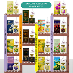 Explore range of ARWA Essential fragrances – display shelf featuring Flora Divine Collection, Spirit of the Wildlife, Tropical Essence Collection, and Flora Divine Collection products