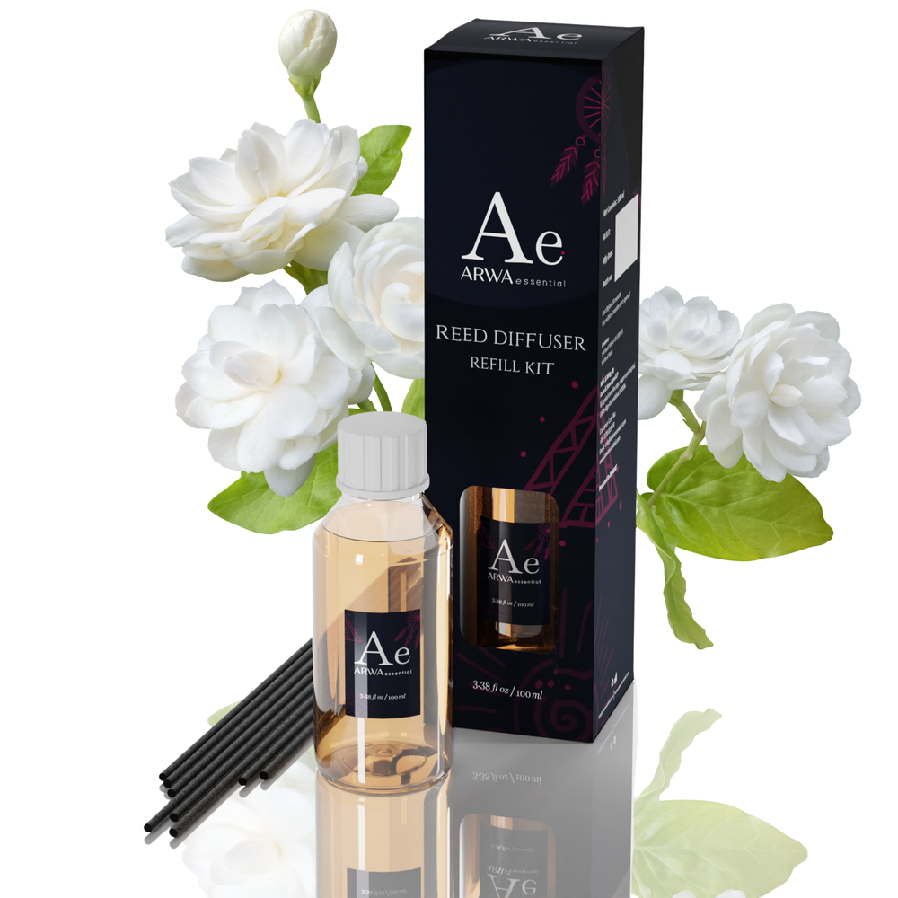 ARWA Essential Jasmine Reed Diffuser Refill Kit - 100ml fragrance oil bottle with 8 premium black reed sticks and packaging box, white jasmine flowers in background