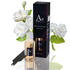 ARWA Essential Jasmine Reed Diffuser Refill Kit - 100ml fragrance oil bottle with 8 premium black reed sticks and packaging box, white jasmine flowers in background