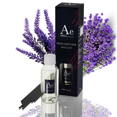 ARWA Essential French Lavender Reed Diffuser Refill Kit - 100ml fragrance oil bottle with 8 premium black reed sticks and packaging box, purple lavender flowers in background