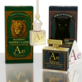 ARWA Essential Roaring Barber Classic and Zeenath Panther Spirit car perfume combo - Spirit of Wildlife collection hanging car perfume with lion design box and 50ml panther spirit spray bottle with packaging