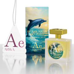 ARWA Essential Indian Ocean Dolphin 50ml car perfume spray – packaging box, glass bottle with gold cap and hanging car freshener tag, angled view