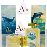 ARWA Essential Atlantic Cool Blue Whale and Indian Ocean Dolphin 50ml car perfume spray combo – packaging boxes and glass bottles with gold caps on stone display, Oceanic Serenity Collection