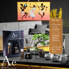 ARWA Essential Reed Diffuser Set contents - 1 reusable ceramic pot 125ml, 1 reed diffuser oil 60ml, 6 premium black reed sticks, displayed on living room table