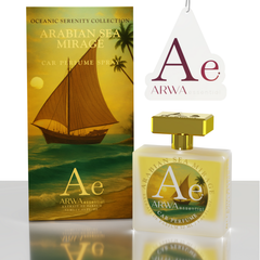 ARWA Essential Arabian Sea Mirage 50ml car perfume spray – dhow sailboat packaging box and glass bottle with gold cap and hanging car freshener tag, Oceanic Serenity Collection