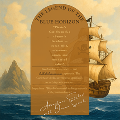 ARWA Essential quote card – The Legend of the Blue Horizon, Pirate's Caribbean Sea channels freedom, ocean mist, adventure winds and uncharted calm, blend of essential and fragrance oils with premium bases