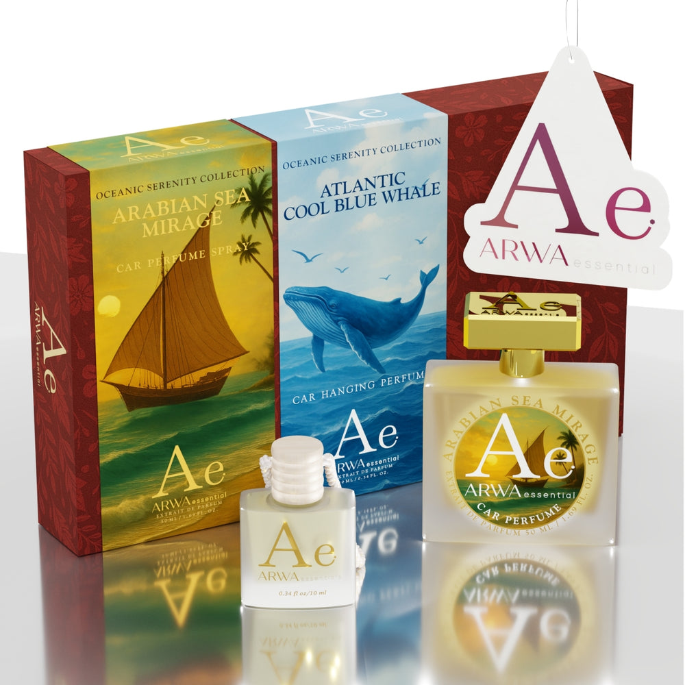 ARWA Essential Arabian Sea Mirage and Atlantic Cool Blue Whale car perfume combo – maroon packaging boxes, spray bottle and hanging bottle with car freshener tag