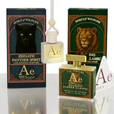 ARWA essential Spirit of Wildlife combo: Zeenath Panther Spirit 10ml hanging car perfume and Roaring Barber Classic 50ml spray with boxes and card.