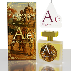 Ranthambore Royal Oud Safari Car Perfume Spray 50ml – orange tiger-design packaging box with spray bottle and ARWA branded hang tag, front view