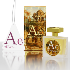 Ranthambore Royal Oud Safari Car Perfume Spray 50ml – spray bottle beside orange tiger-design packaging box and ARWA branded hang tag, angled view
