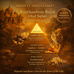 Ranthambore Royal Oud Safari Car Perfume Spray fragrance pyramid – what it smells like: top note oudh and elemi, heart note leather and amber, base note frankincense; tagged woody, oriental, masculine; Majestic oud luxury born in the heart of the wild