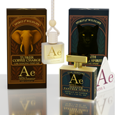ARWA Essential Tusker Coffee Charge and Zeenath Panther Spirit car perfume combo - Spirit of Wildlife collection hanging car perfume with elephant design box and 50ml panther spirit spray bottle with packaging
