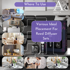 Where to use ARWA Essential Reed Diffuser Set - ideal placement in bedroom, bathroom, living room, study desk, office reception and lounge areas