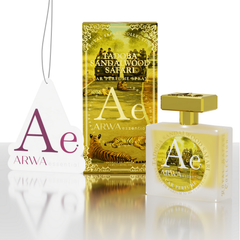 Tadoba Sandalwood Safari Car Perfume Spray 50ml – spray bottle beside yellow tiger-design packaging box and ARWA branded hang tag, angled view