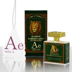 ARWA Essentials Roaring Barber Classic 50ml car perfume spray with green lion-design box and hanging card, Spirit of the Wildlife collection.