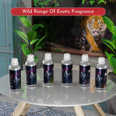 ARWA Essential wild range of exotic fragrance 1 litre diffuser oil bottles displayed on table with tiger backdrop