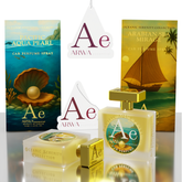 ARWA Essential Pacific Aqua Pearl and Arabian Sea Mirage 50ml car perfume spray combo – packaging boxes and glass bottles with hanging car freshener tags, front view, Oceanic Serenity Collection