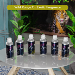 ARWA Essential wild range of exotic fragrance 1 litre diffuser oil bottles displayed on table with tiger backdrop