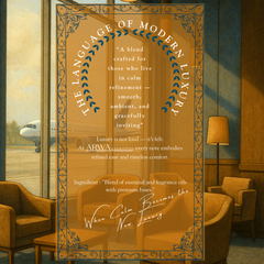 ARWA Essential Luxury Lounge Aroma brand quote card, Elite Living Collection – "The Language of Modern Luxury", made with a blend of essential and fragrance oils