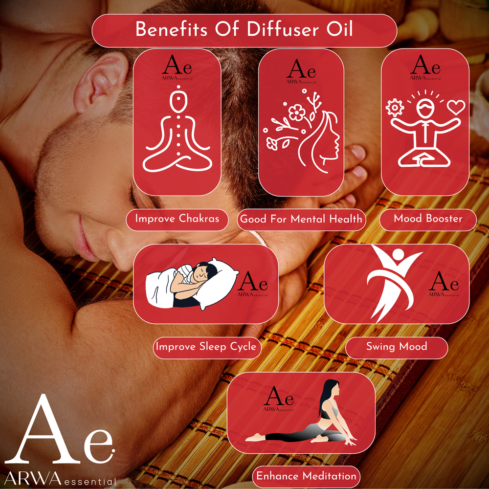 Benefits of diffuser oil infographic - improve chakras, good for mental health, mood booster, improve sleep cycle, swing mood, enhance meditation