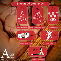 Benefits of diffuser oil infographic - improve chakras, good for mental health, mood booster, improve sleep cycle, swing mood, enhance meditation