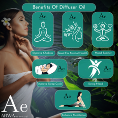Benefits of diffuser oil infographic - improve chakras, good for mental health, mood booster, improve sleep cycle, swing mood, enhance meditation