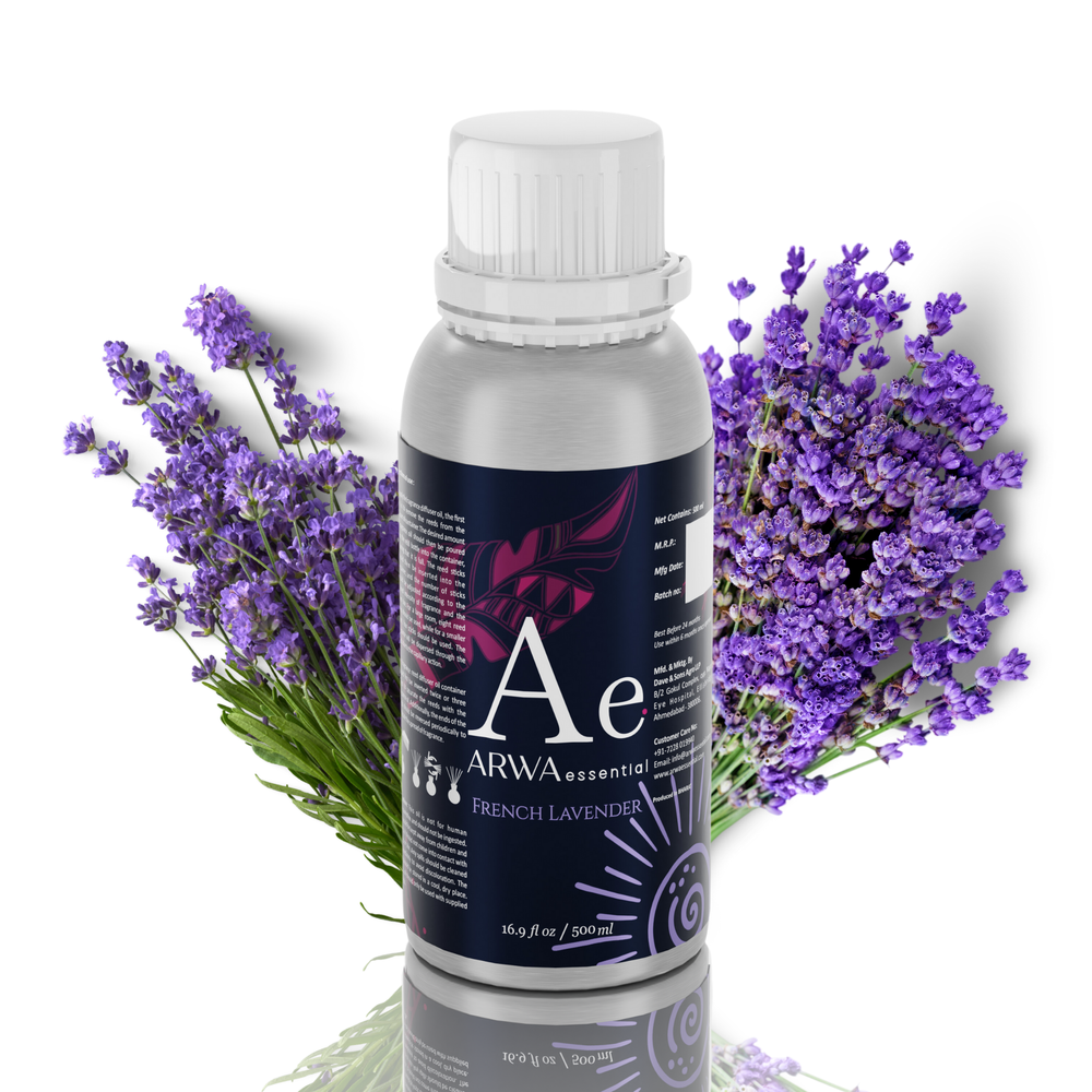 ARWA Essential French Lavender Aroma Diffuser Oil 500ml silver bottle with white cap, purple lavender flowers in background
