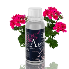 ARWA Essential Geranium Aroma Diffuser Oil 500ml silver bottle with white cap, pink geranium flowers in background