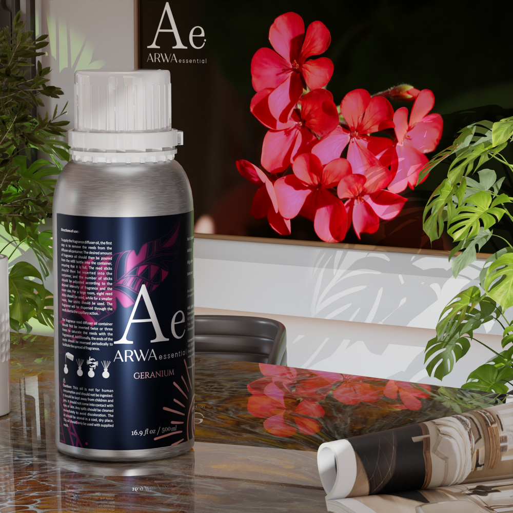 ARWA Essential Geranium Aroma Diffuser Oil 500ml silver bottle displayed on table with red geranium flowers home fragrance scene