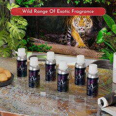ARWA Essential wild range of exotic fragrance diffuser oil bottles displayed on table with tiger backdrop