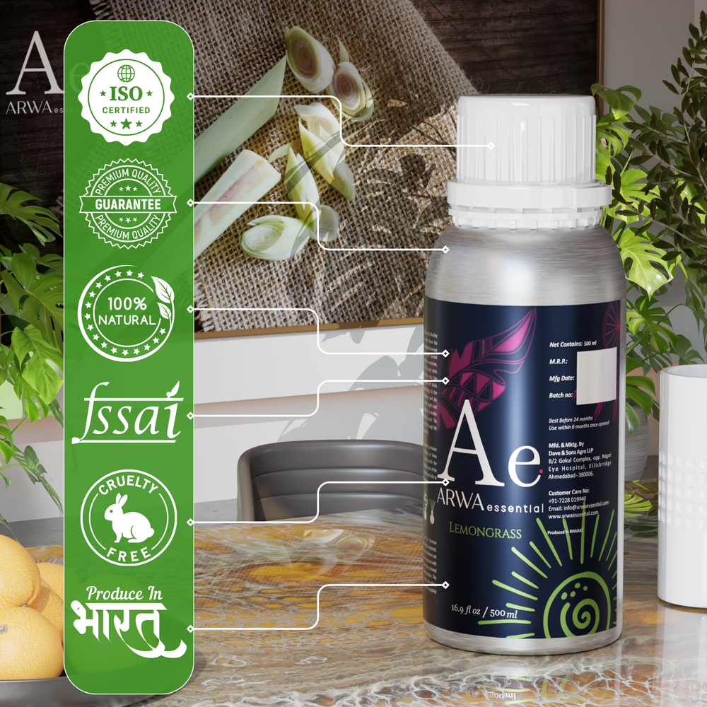 ARWA essential Lemongrass Aroma Oil 500ml with quality certification, 100% natural, cruelty-free and made in India details