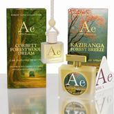 ARWA Essential Corbett Forestwood Dream 10ml hanging car perfume and Kaziranga Forest Breeze 50ml car perfume spray combo - packaging boxes and bottles, front view