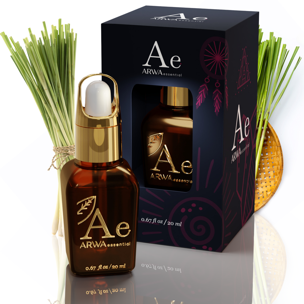 ARWA Essential Lemongrass Essential Oil 20ml amber glass dropper bottle with gold cap and packaging box, lemongrass stalks in background