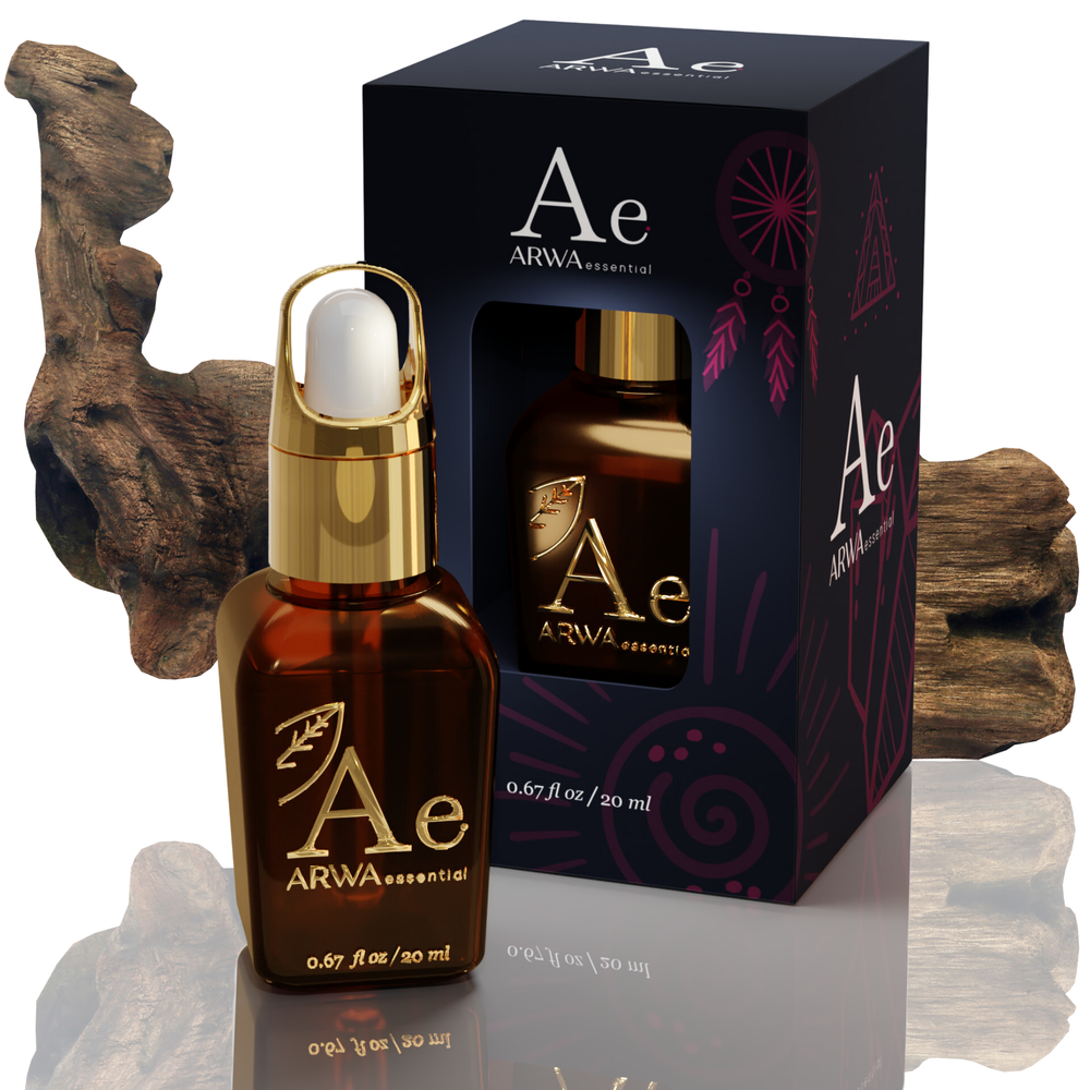 ARWA Essential Agarwood Oud Essential Oil 20ml amber dropper bottle with packaging box, natural agarwood driftwood pieces in background