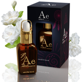 ARWA Essential Jasmine Essential Oil 20ml amber glass dropper bottle with gold cap and packaging box, jasmine flowers in background