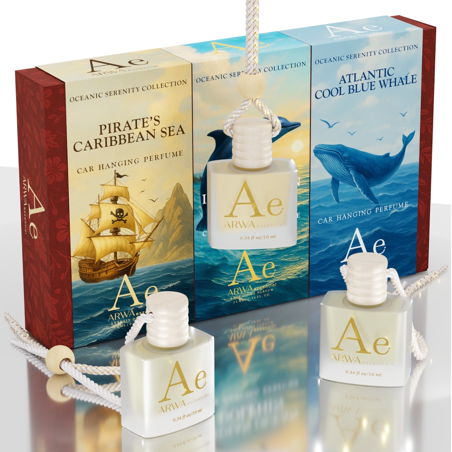 Indian Ocean Dolphin + Atlantic Cool Blue Whale + Pirate’s Caribbean Sea Hanging Car Perfume | 10ml Each