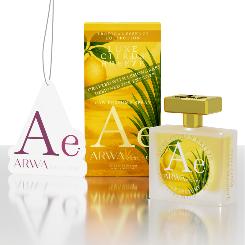 ARWA Essential Luxe Citrus Breeze 50ml car perfume spray - orange packaging box with lemongrass design and glass bottle with gold cap and hanging car freshener tag, front view
