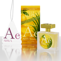 ARWA Essential Luxe Citrus Breeze 50ml car perfume spray - orange packaging box with lemongrass design and glass bottle with gold cap and hanging car freshener tag, front view