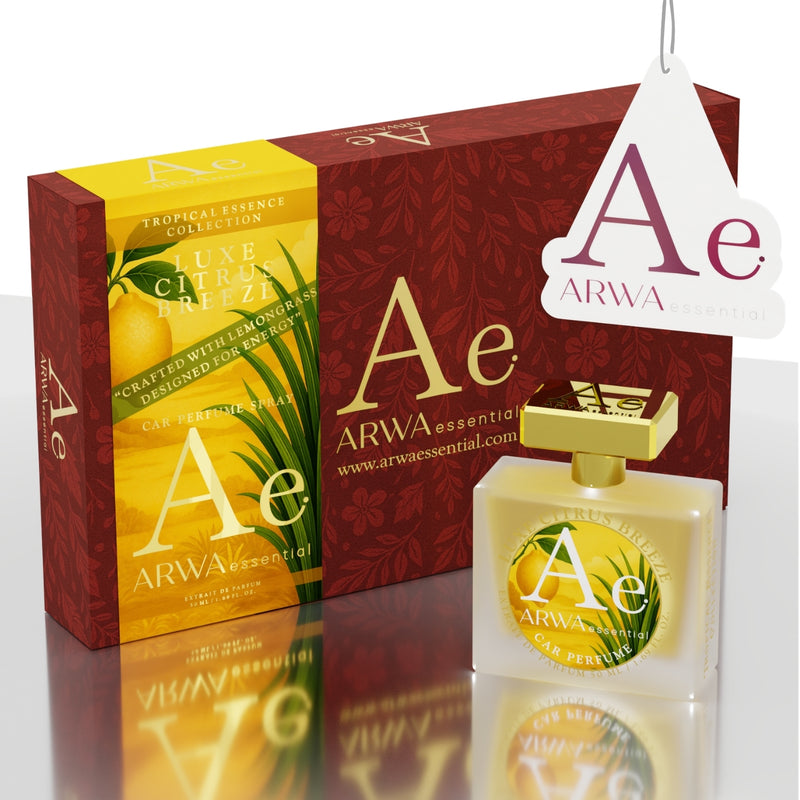 ARWA Essential Luxe Citrus Breeze 50ml car perfume spray - maroon packaging box with floral pattern and glass bottle with gold cap and hanging car freshener tag