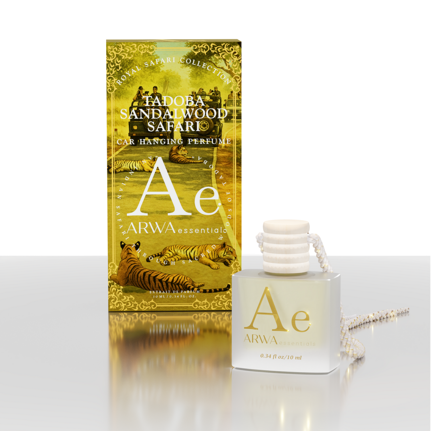 Tadoba Sandalwood Safari 10ml hanging car perfume – yellow tiger-design packaging box with hanging bottle, front view
