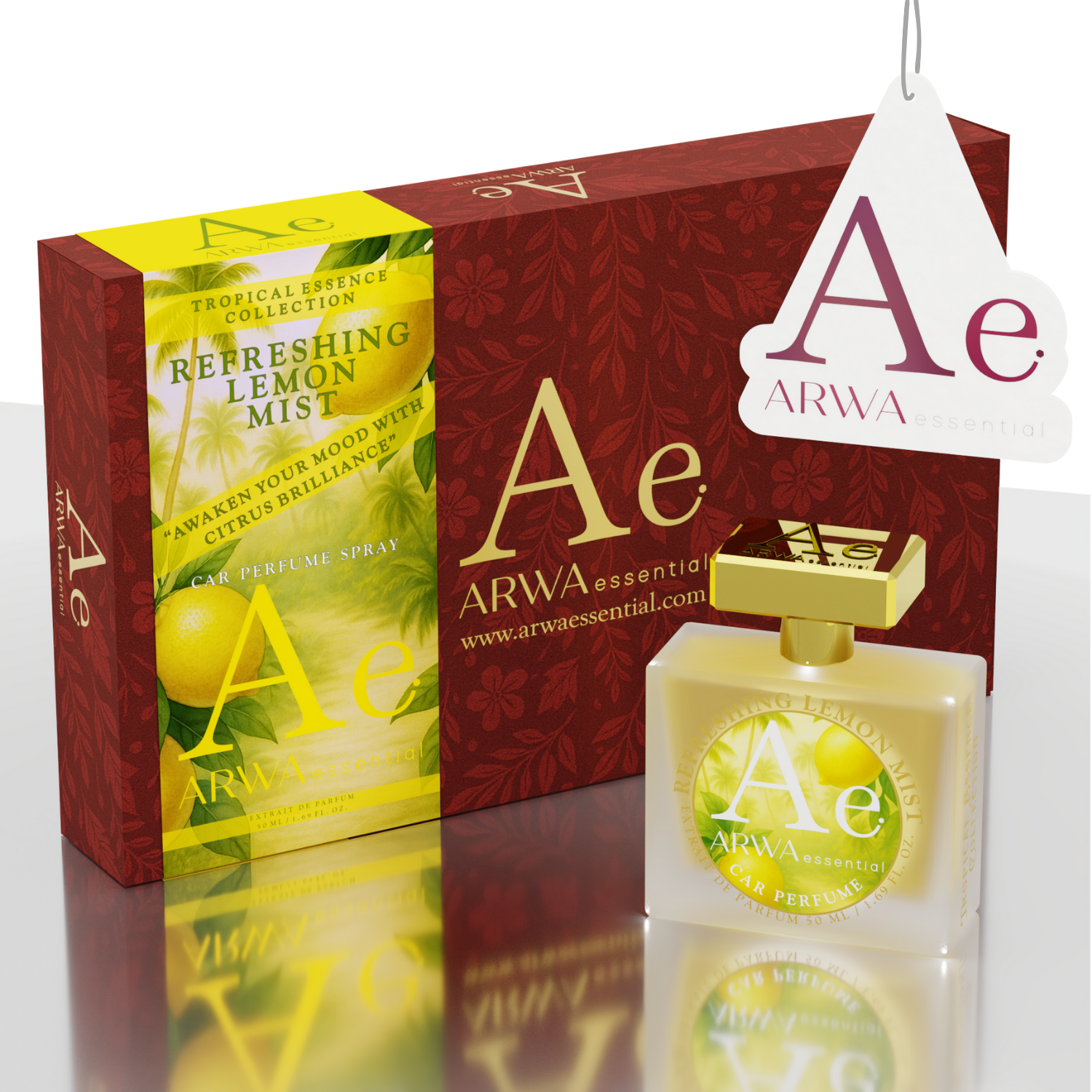 ARWA Essential Refreshing Lemon Mist 50ml car perfume spray - maroon packaging box with floral pattern and glass bottle with gold cap, angled view