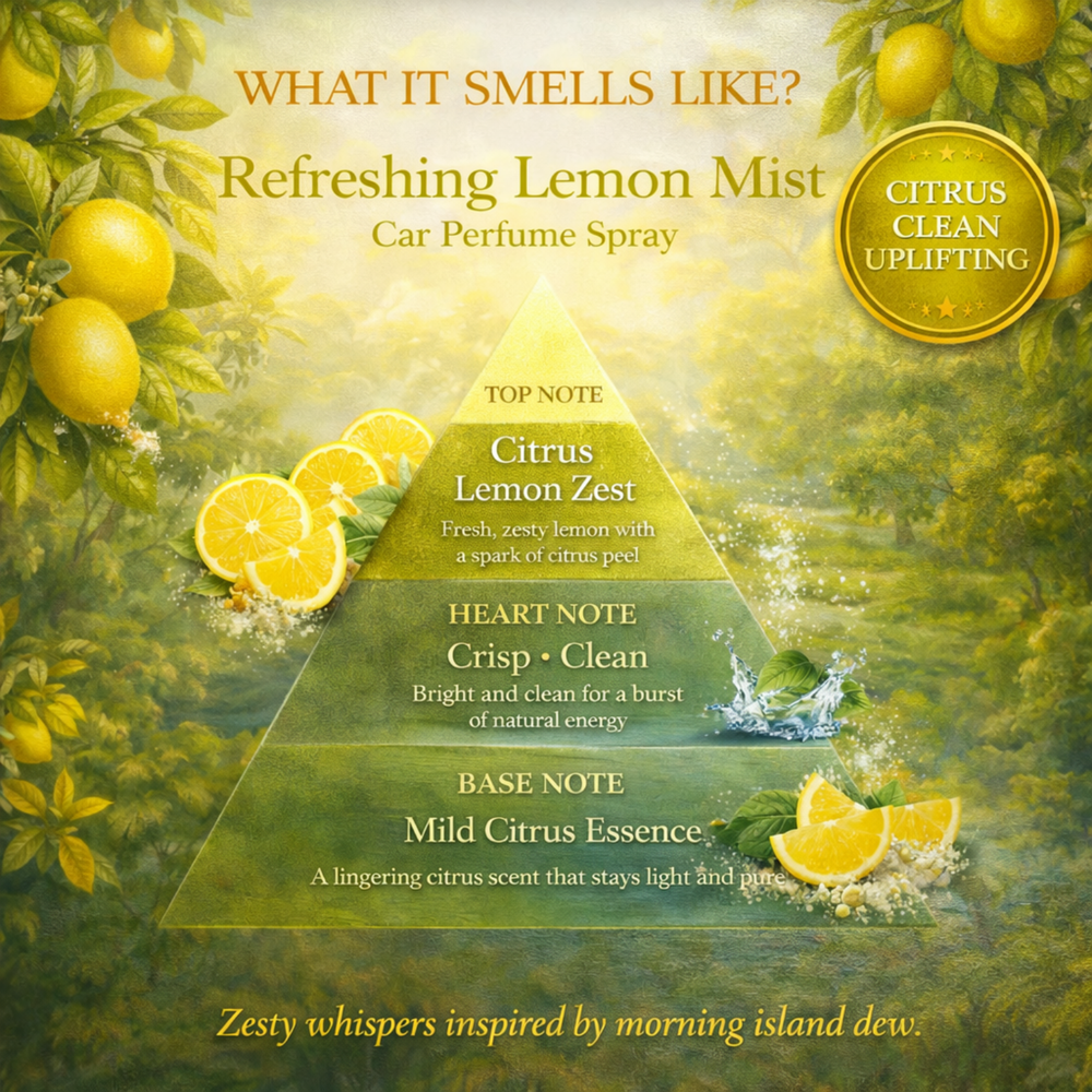 Refreshing Lemon Mist fragrance pyramid - what it smells like - top notes Citrus and Lemon Zest, heart note Crisp and Clean, base note Mild Citrus Essence, citrus clean uplifting ARWA Essential car perfume spray