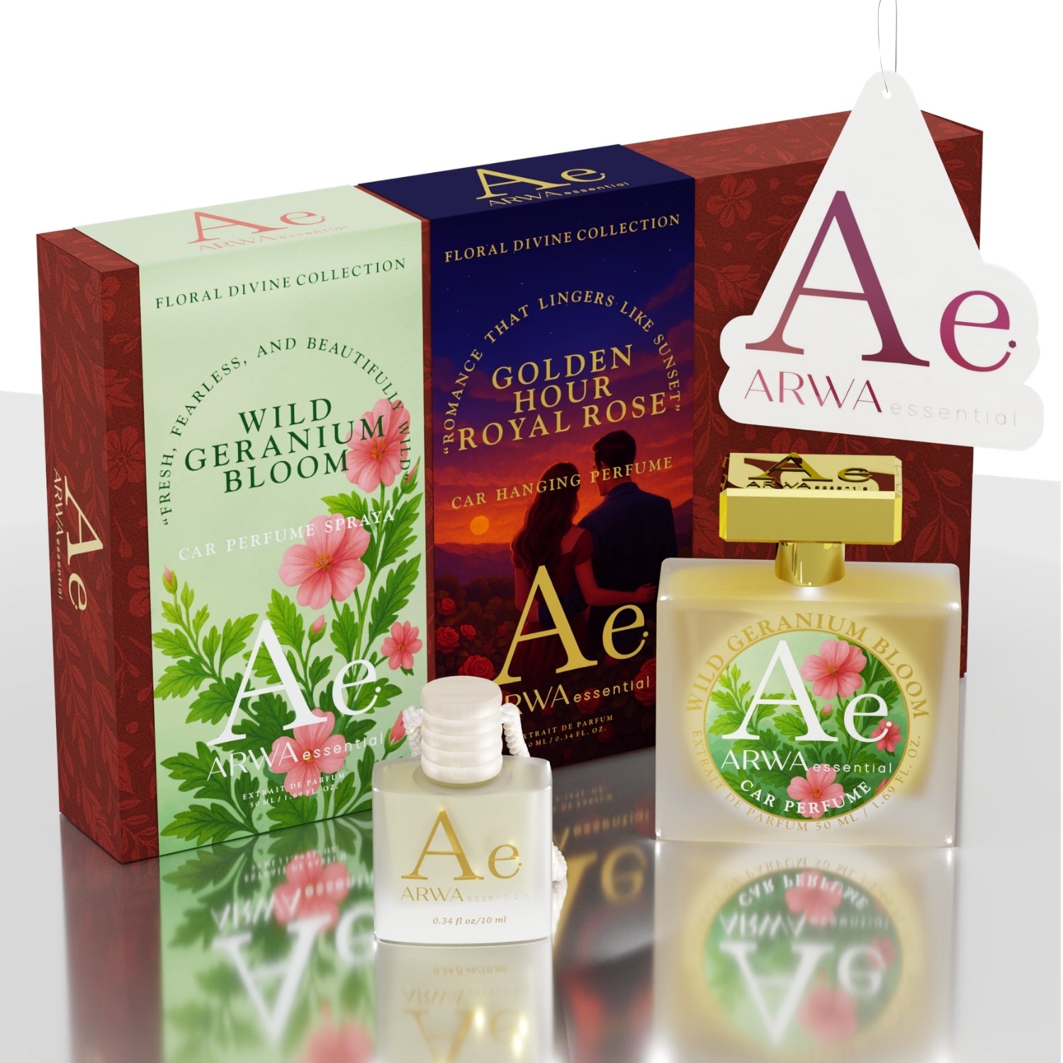 Golden Hour Royal Rose Hanging Car Perfume 10ml + Wild Geranium Bloom Car Perfume Spray 50ml