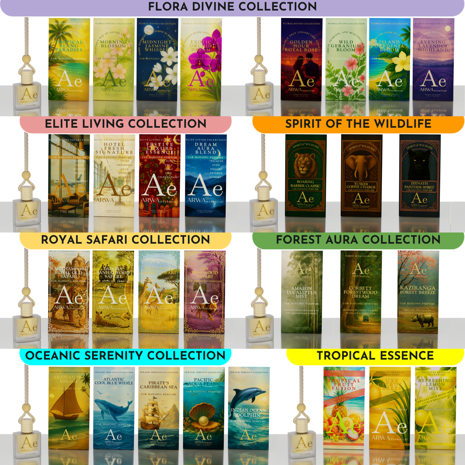 ARWA Essential 10ml hanging car perfume collections overview – Flora Divine, Elite Living, Spirit of the Wildlife, Royal Safari, Forest Aura, Oceanic Serenity, and Tropical Essence collections with packaging boxes and hanging bottles