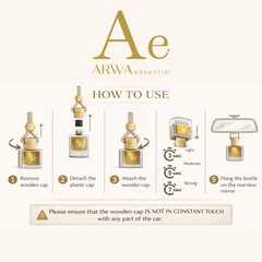 How to use ARWA Essential 10ml hanging car perfume – five step graphic: remove the wooden cap, detach the plastic cap, attach the wooden cap, press for 3 to 7 seconds depending on desired strength, and hang the bottle on the rearview mirror