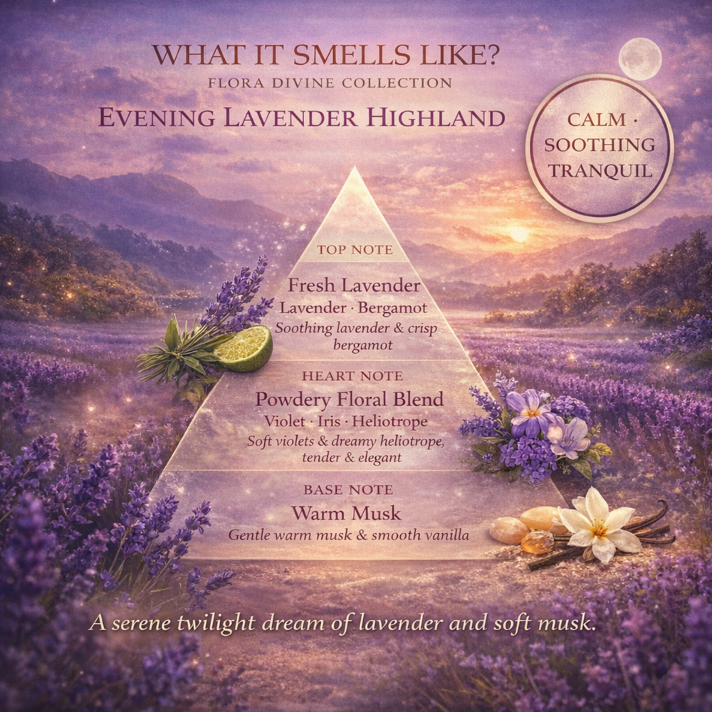 ARWA Essential Evening Lavender Highland fragrance notes pyramid - top note fresh lavender and bergamot, heart note powdery floral blend of violet iris heliotrope, base note warm musk and vanilla, calm soothing tranquil, Flora Divine Collection