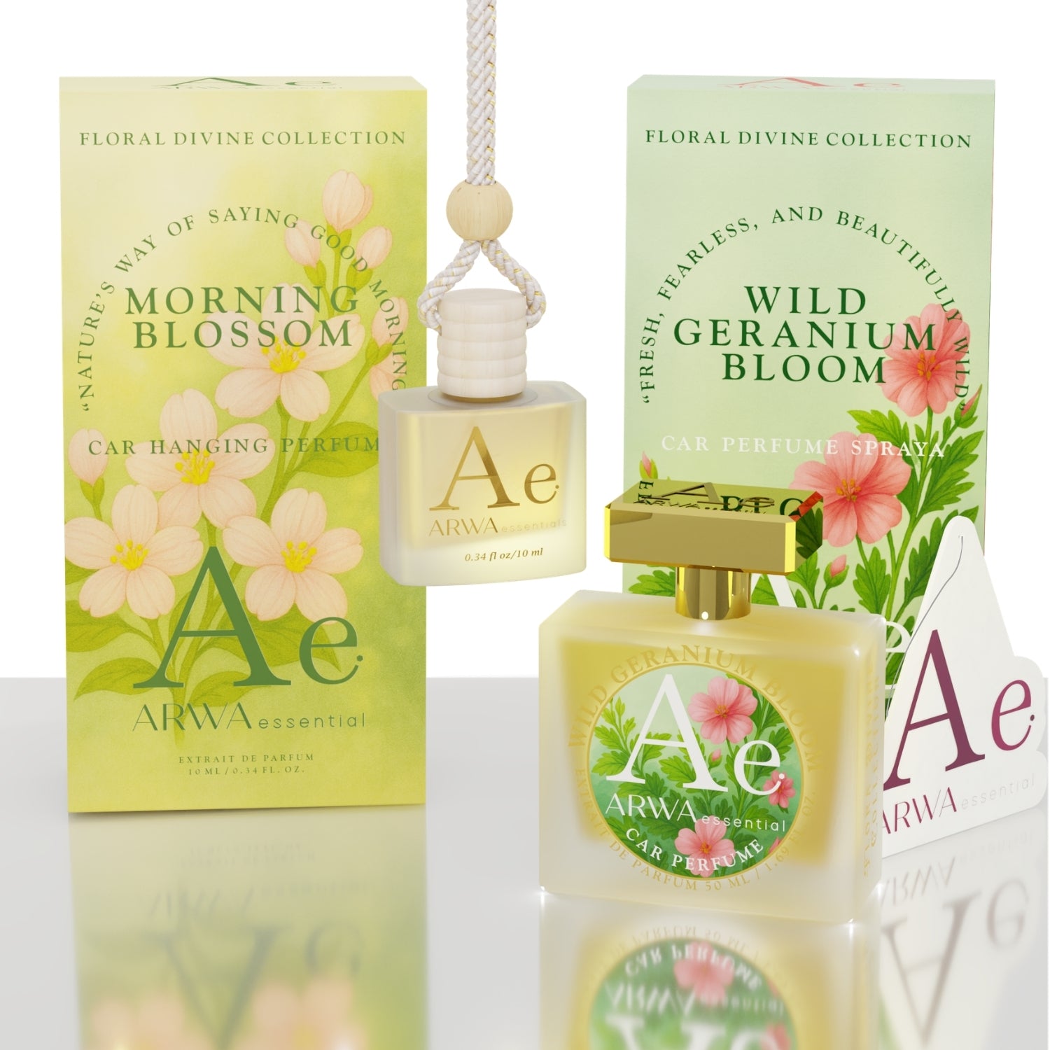 Morning Blossom Hanging Car Perfume 10ml + Wild Geranium Bloom Car Perfume Spray 50ml