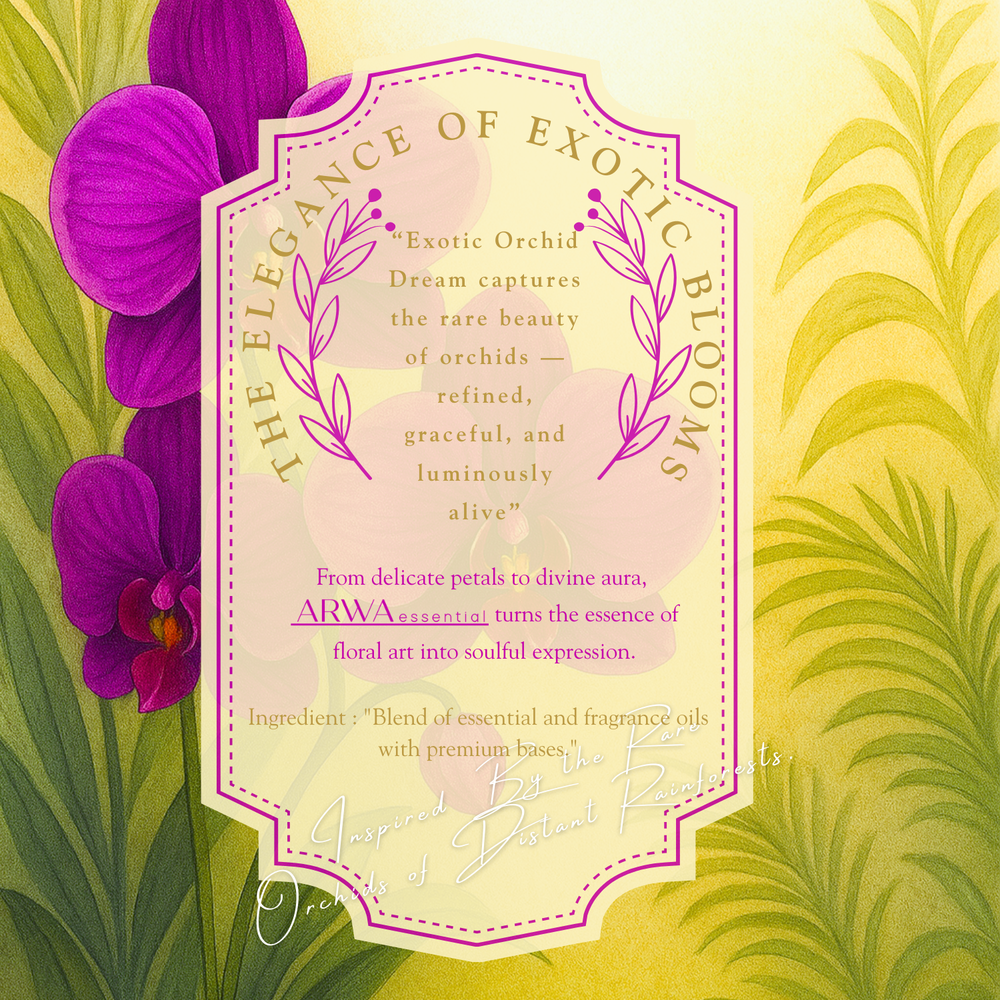 ARWA Essential Exotic Orchid Dream decorative poster with purple orchid flowers, quote 'The Elegance of Exotic Orchid Blooms - refined, graceful and luminously alive'
